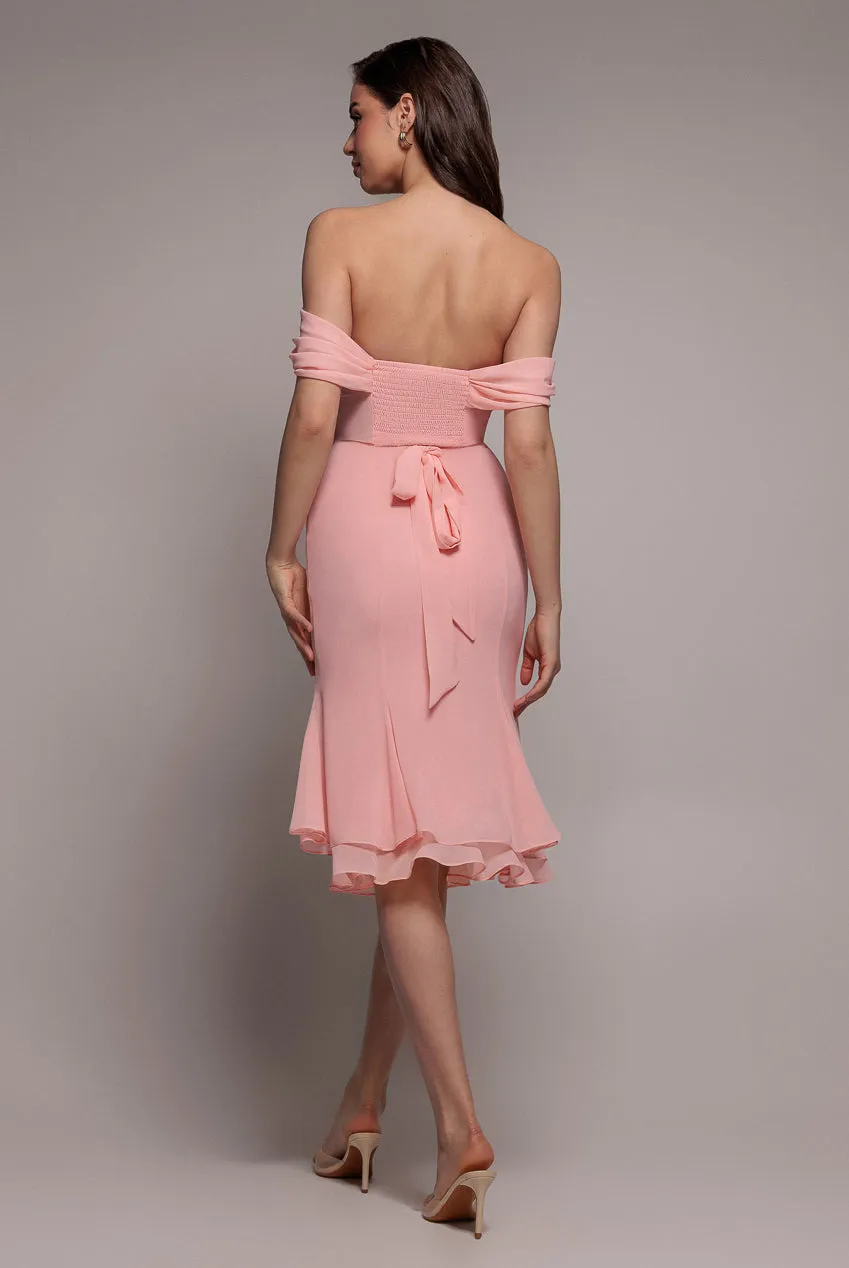 Chiffon Cowl Off Shoulder Wing Tiered Midi Dress - Blush Pink by Goddiva sold by Goddiva product image thumbnail 2