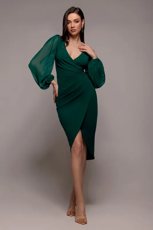 Scuba & Chiffon Balloon Sleeve Wrap Midi Dress - Emerald Green by Goddiva made by Goddiva