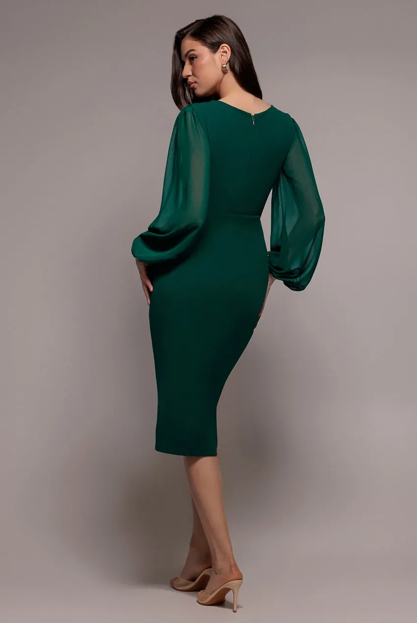 Scuba & Chiffon Balloon Sleeve Wrap Midi Dress - Emerald Green by Goddiva sold by Goddiva product image thumbnail 2