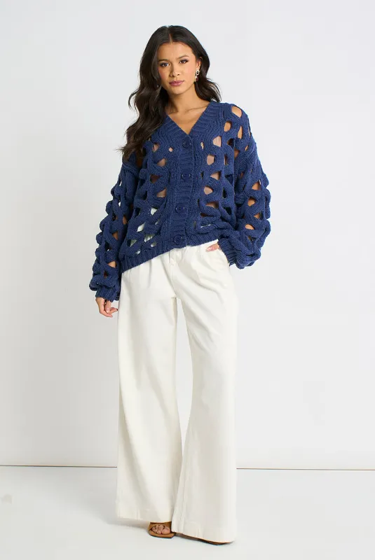 Navy Hollow Chunky Knit Cardigan by Gini London made by Goddiva