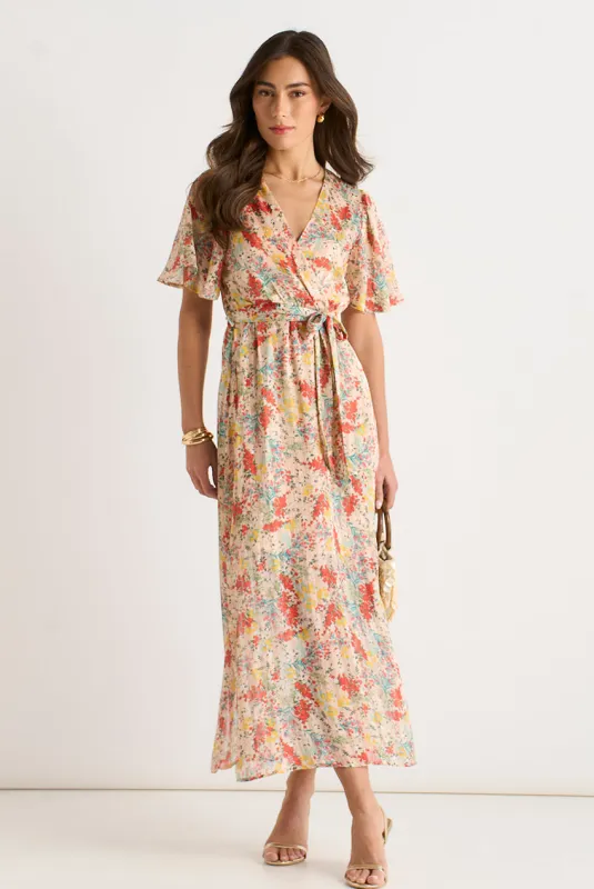 Multi Floral Jacquard Chiffon Midi Dress by Gini London made by Goddiva