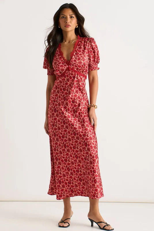 Red Floral Lace Trim V Neck Midi Dress by Gini London made by Goddiva