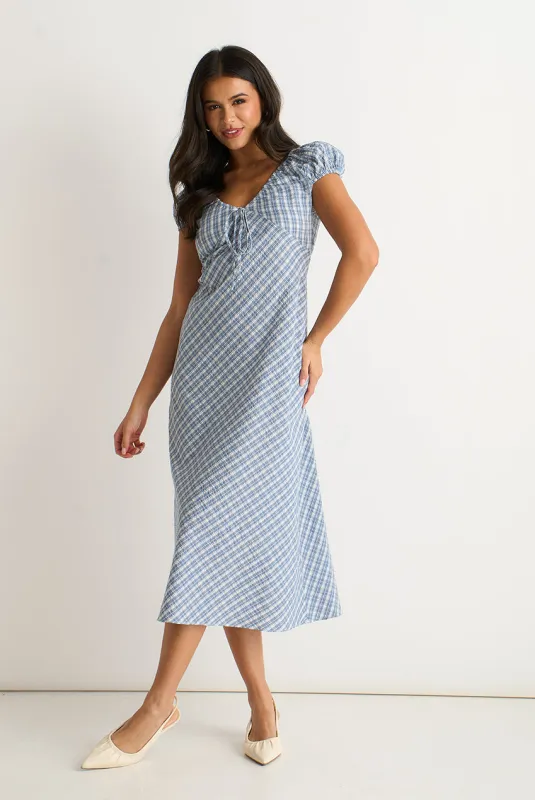 Blue V Neck Textured Gingham Midi Dress by Gini London made by Goddiva