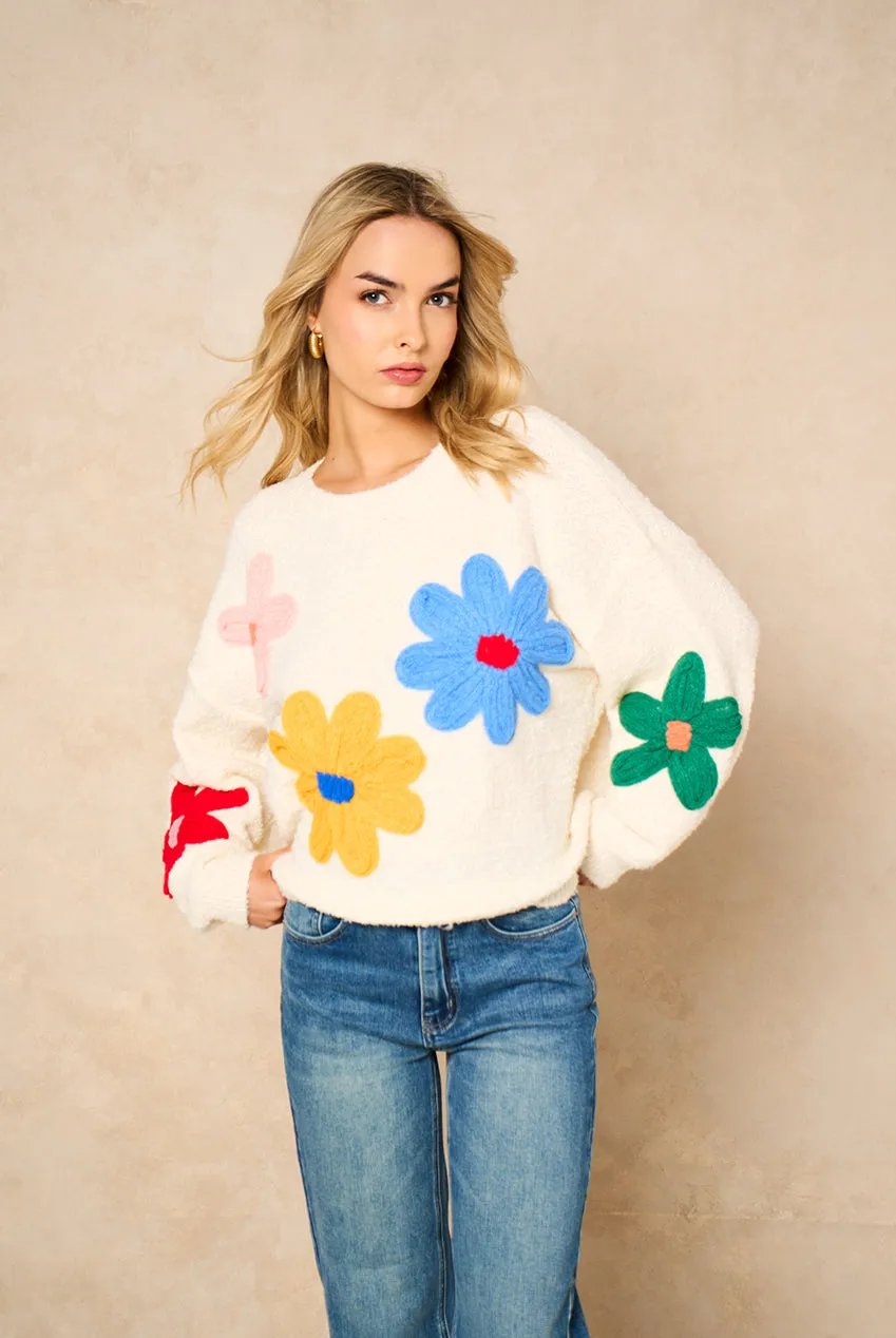 Cream 3D Flower Crochet Knitted Jumper by Gini London sold by Goddiva product image thumbnail 2