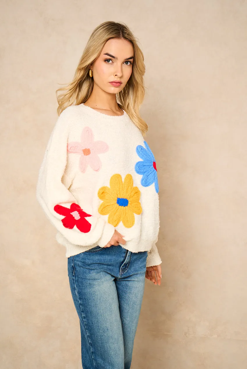 Cream 3D Flower Crochet Knitted Jumper by Gini London sold by Goddiva product image thumbnail 3