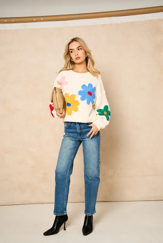 Cream 3D Flower Crochet Knitted Jumper by Gini London made by Goddiva