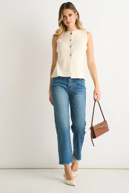 Off White Button Front Compact Knit Waistcoat by Gini London made by Goddiva