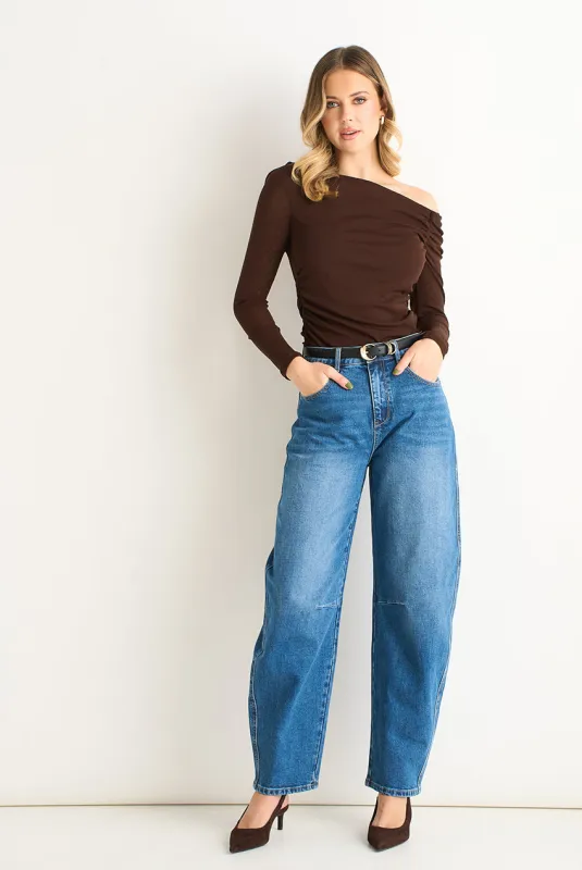 Chocolate Jersey Slash Neck Long Sleeve Top by Gini London made by Goddiva