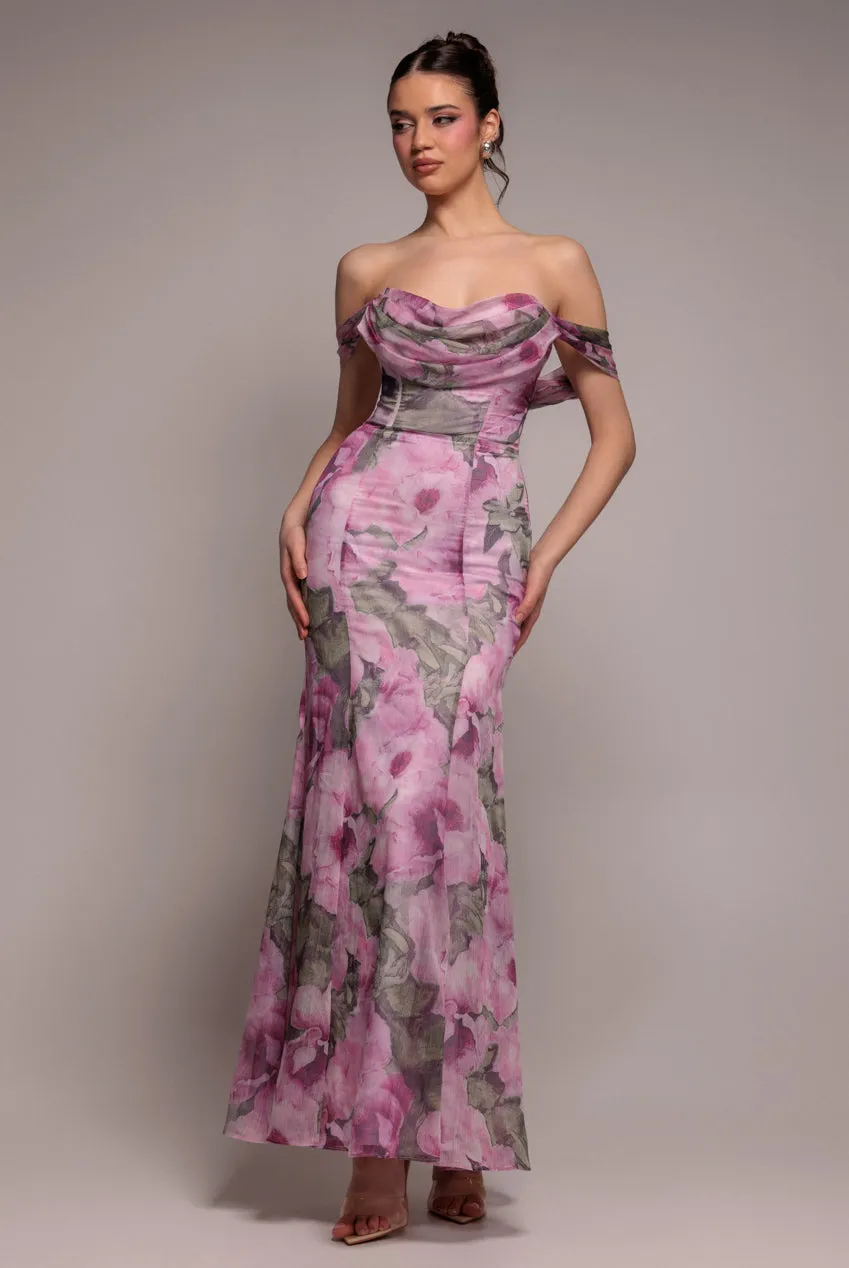 Cowl Neck Floral Print Jacquard Chiffon Maxi Dress - Blush Pink by Goddiva sold by Goddiva