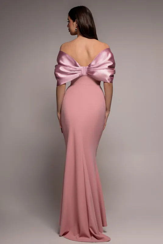 Off Shoulder Back Satin Bow Scuba Maxi Dress - Blush Pink by Goddiva made by Goddiva