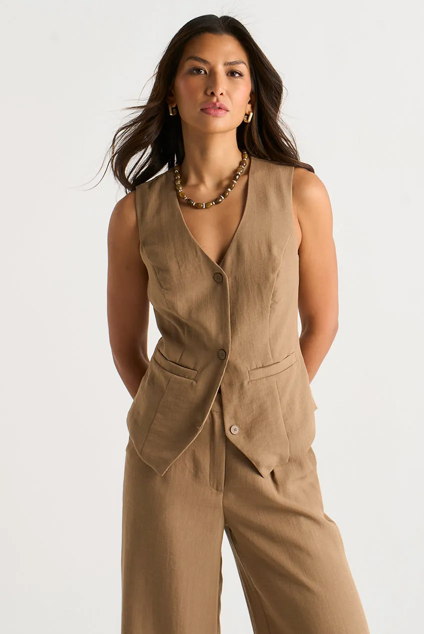 Camel Button Through Tailored Waistcoat by Gini London sold by Goddiva