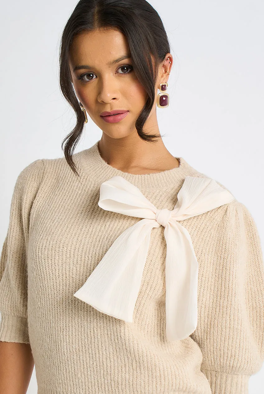 Mocha Chiffon Bow Knitted Jumper by Gini London sold by Goddiva product image thumbnail 3