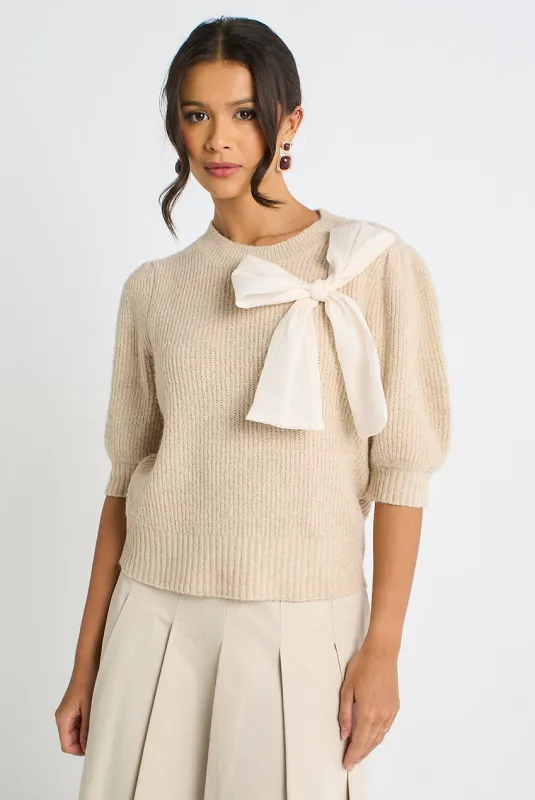 Mocha Chiffon Bow Knitted Jumper by Gini London made by Goddiva