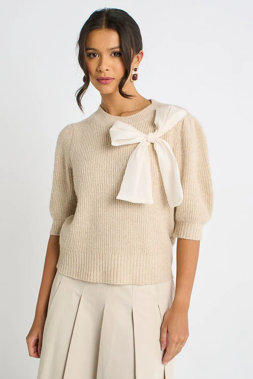 Mocha Chiffon Bow Knitted Jumper by Gini London sold by Goddiva