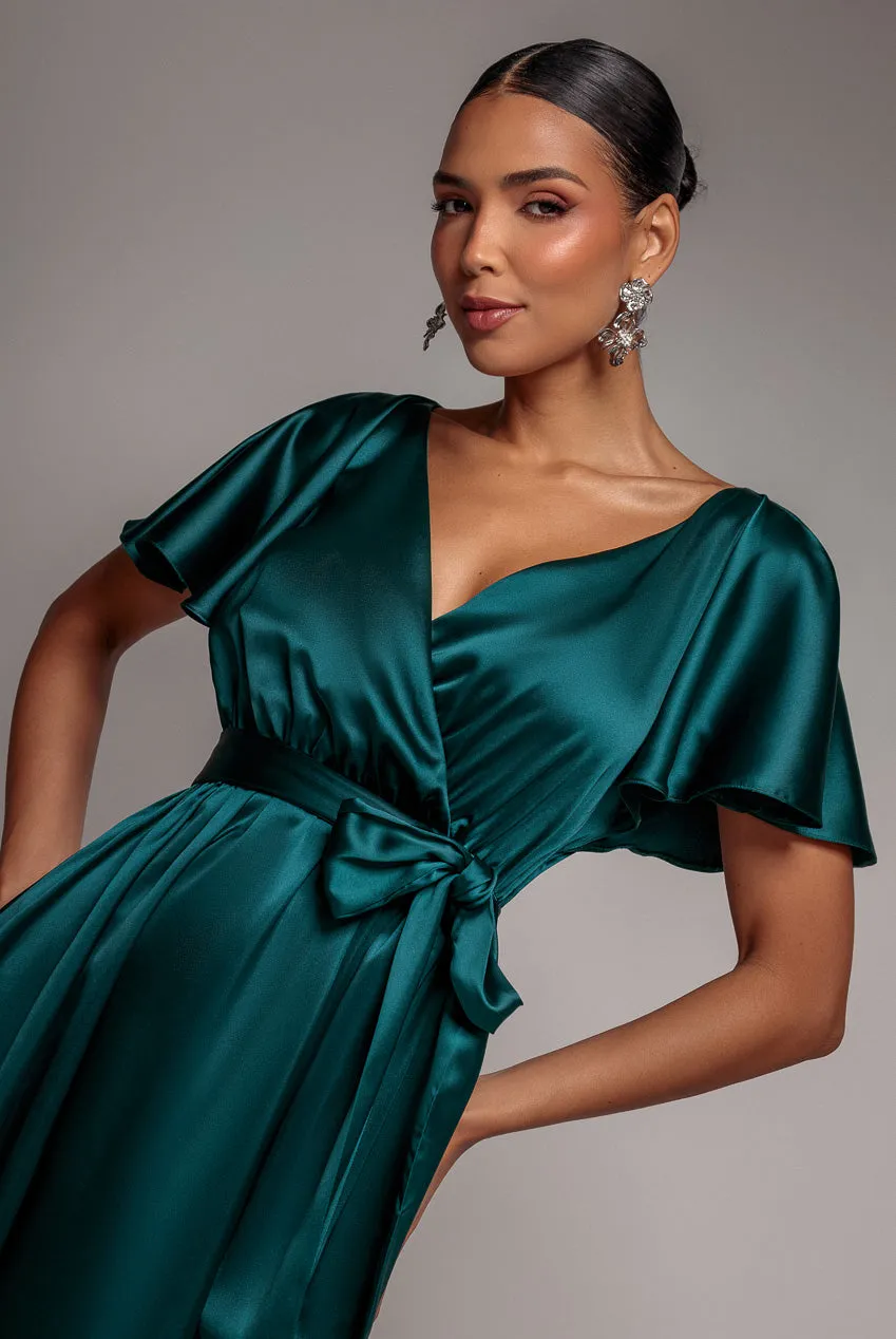 Satin Flutter Sleeve Wrap Maxi Dress - Emerald Green by Goddiva sold by Goddiva product image thumbnail 3