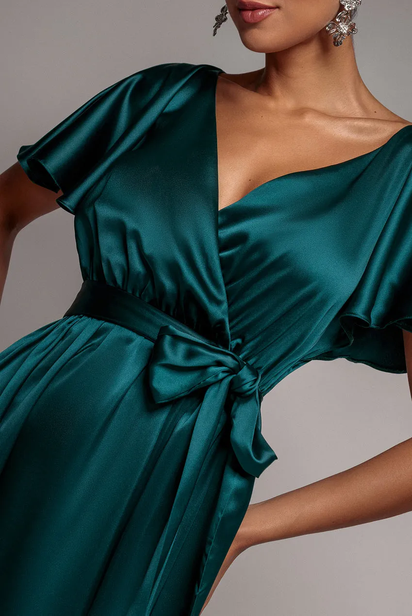Satin Flutter Sleeve Wrap Maxi Dress - Emerald Green by Goddiva sold by Goddiva product image thumbnail 4