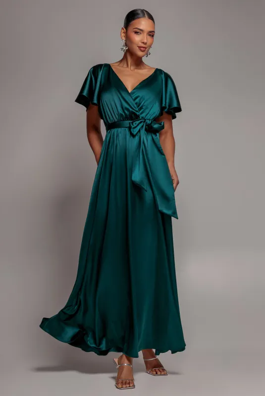Satin Flutter Sleeve Wrap Maxi Dress - Emerald Green by Goddiva made by Goddiva