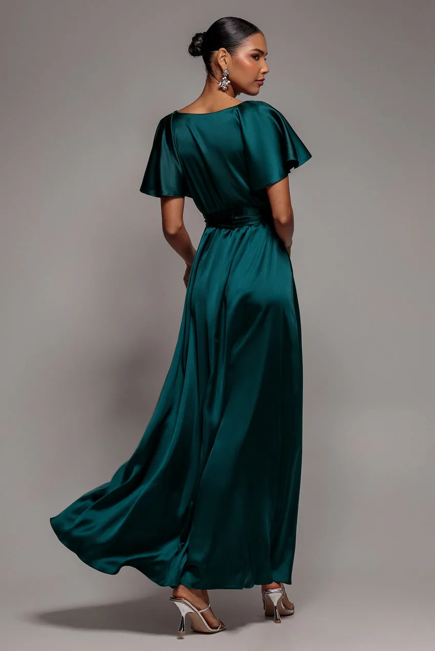 Satin Flutter Sleeve Wrap Maxi Dress - Emerald Green by Goddiva sold by Goddiva product image thumbnail 2