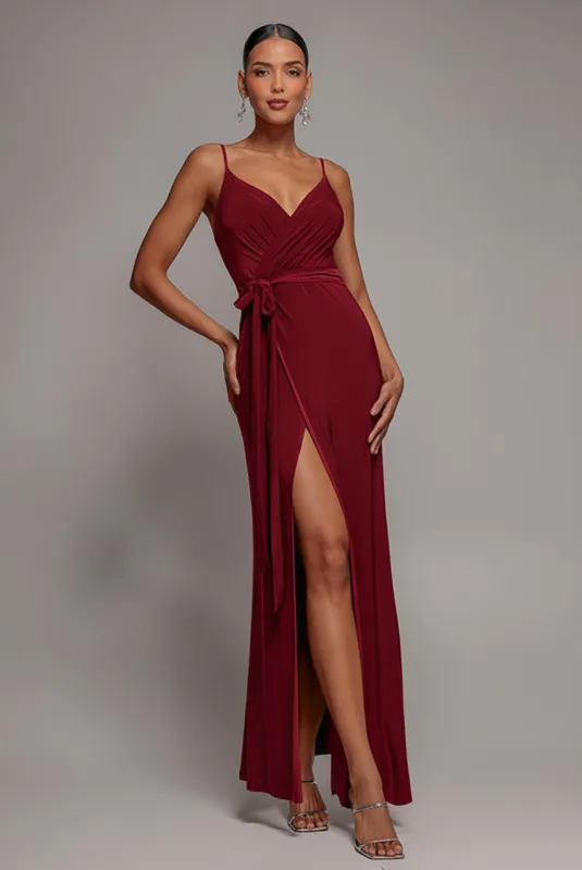 Wrap Front Maxi Slip Dress With Waist Tie-Up - Wine by Goddiva made by Goddiva