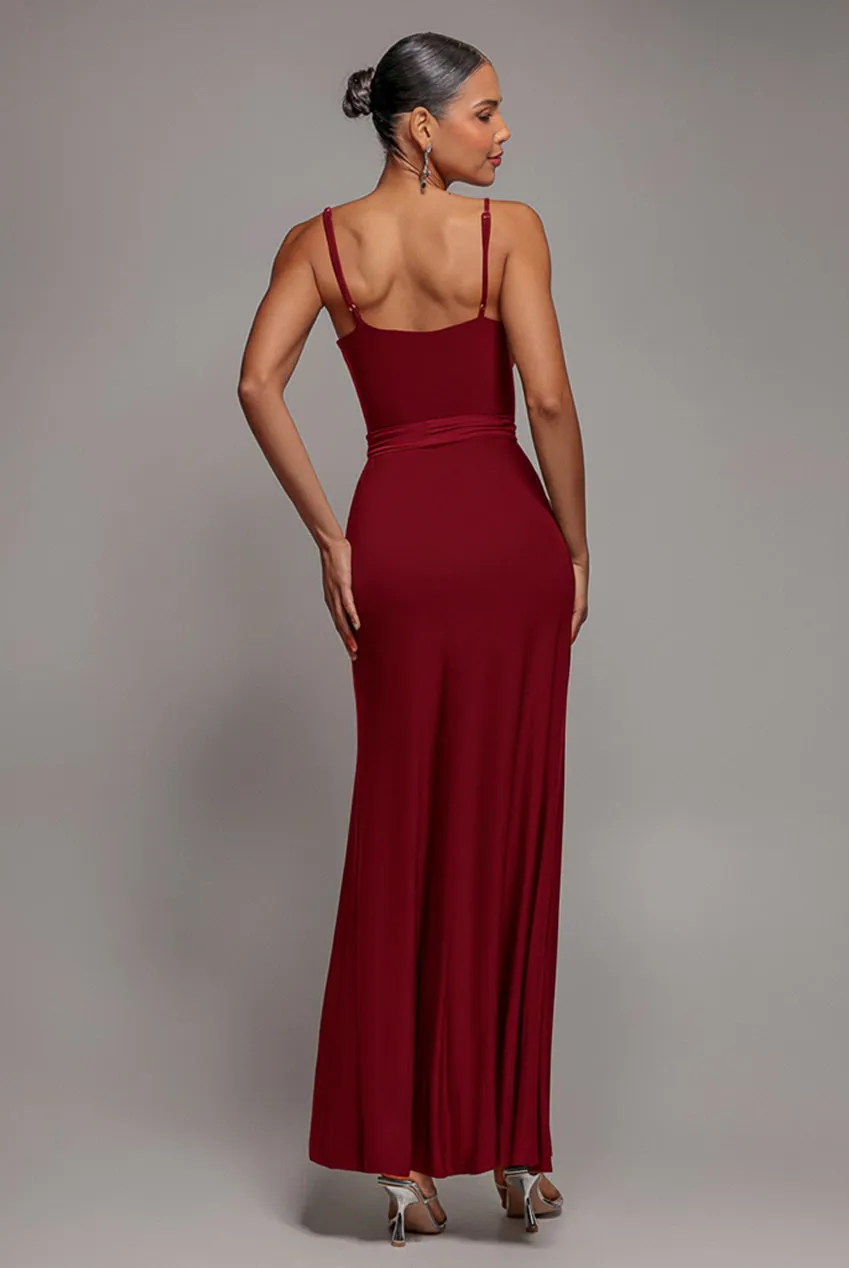 Wrap Front Maxi Slip Dress With Waist Tie-Up - Wine by Goddiva sold by Goddiva product image thumbnail 2