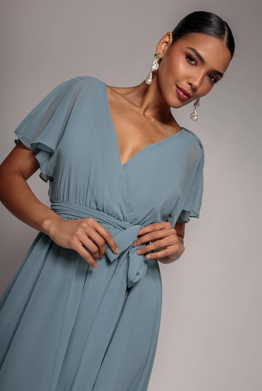 Chiffon Flutter Sleeve Wrap Midi Dress - Airforce Blue by Goddiva sold by Goddiva product image thumbnail 3