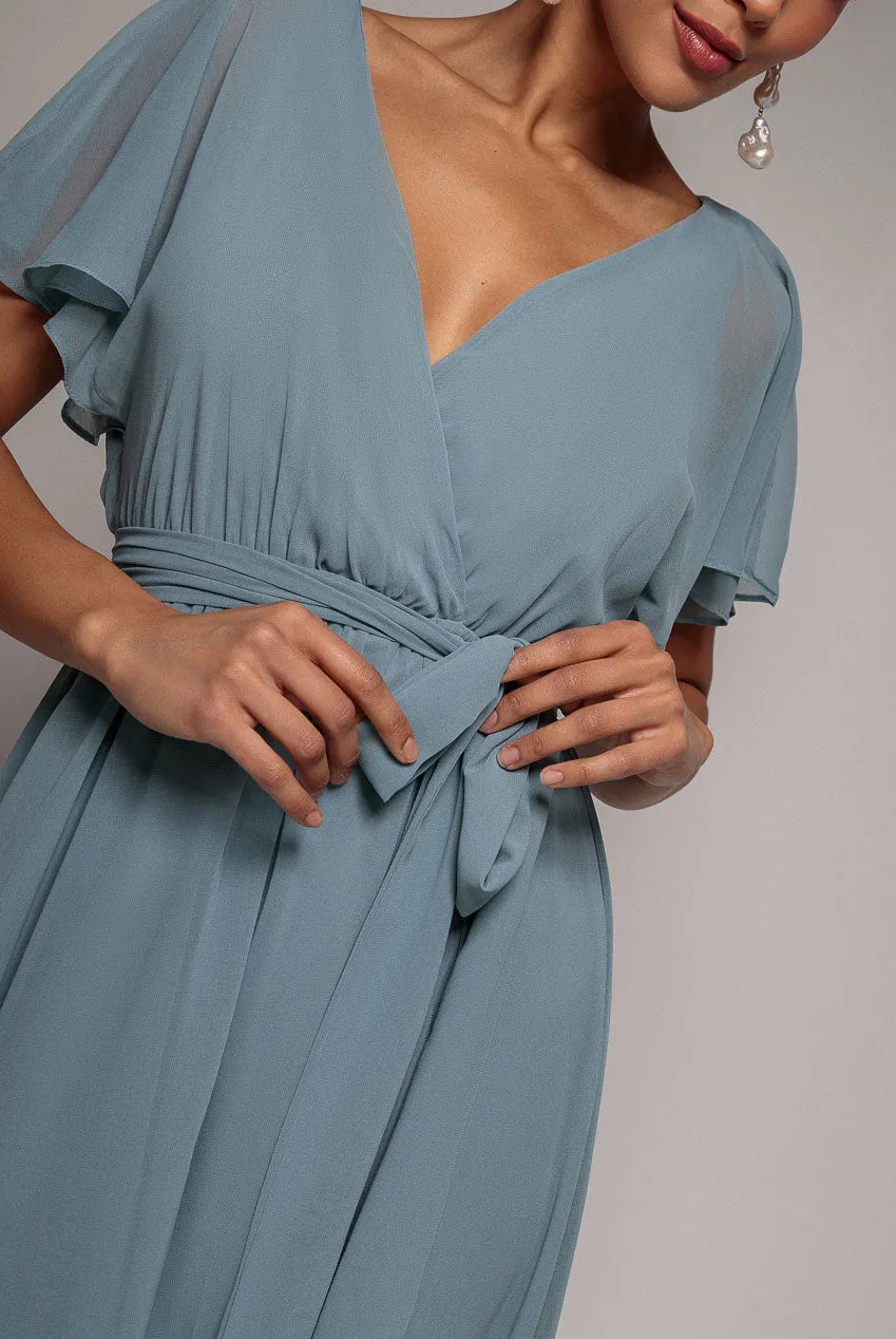 Chiffon Flutter Sleeve Wrap Midi Dress - Airforce Blue by Goddiva sold by Goddiva product image thumbnail 4