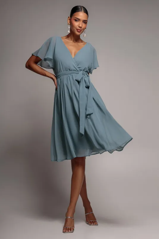 Chiffon Flutter Sleeve Wrap Midi Dress - Airforce Blue by Goddiva made by Goddiva