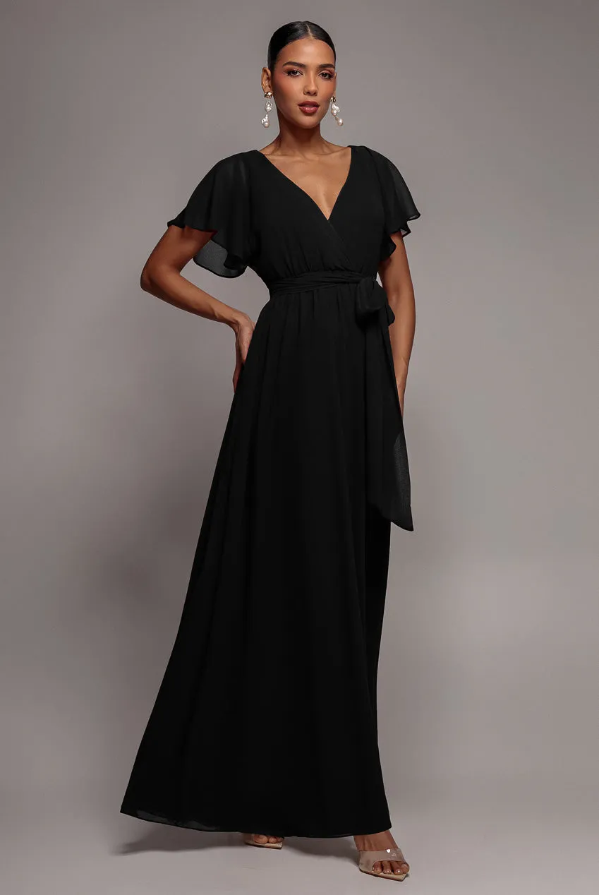 Chiffon Flutter Sleeve Wrap Maxi Dress - Black by Goddiva sold by Goddiva