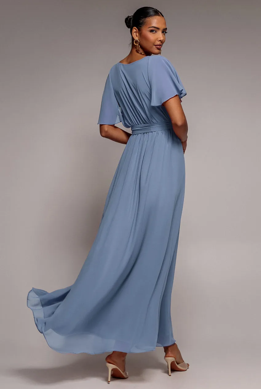 Chiffon Flutter Sleeve Wrap Maxi Dress - Airforce Blue by Goddiva sold by Goddiva product image thumbnail 2