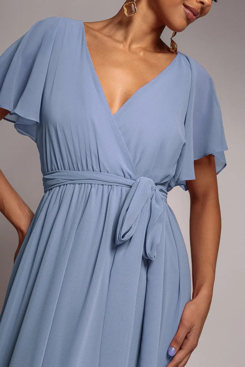 Chiffon Flutter Sleeve Wrap Maxi Dress - Airforce Blue by Goddiva sold by Goddiva product image thumbnail 3