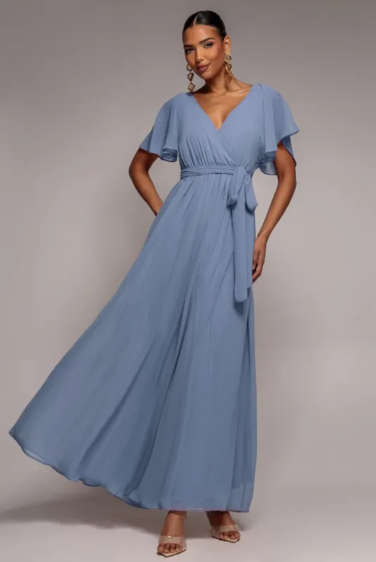 Chiffon Flutter Sleeve Wrap Maxi Dress - Airforce Blue by Goddiva made by Goddiva