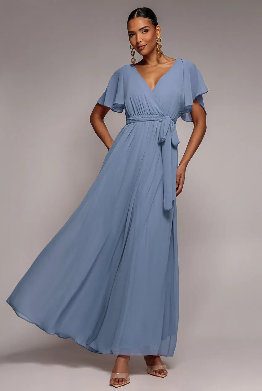 Chiffon Flutter Sleeve Wrap Maxi Dress - Airforce Blue by Goddiva sold by Goddiva