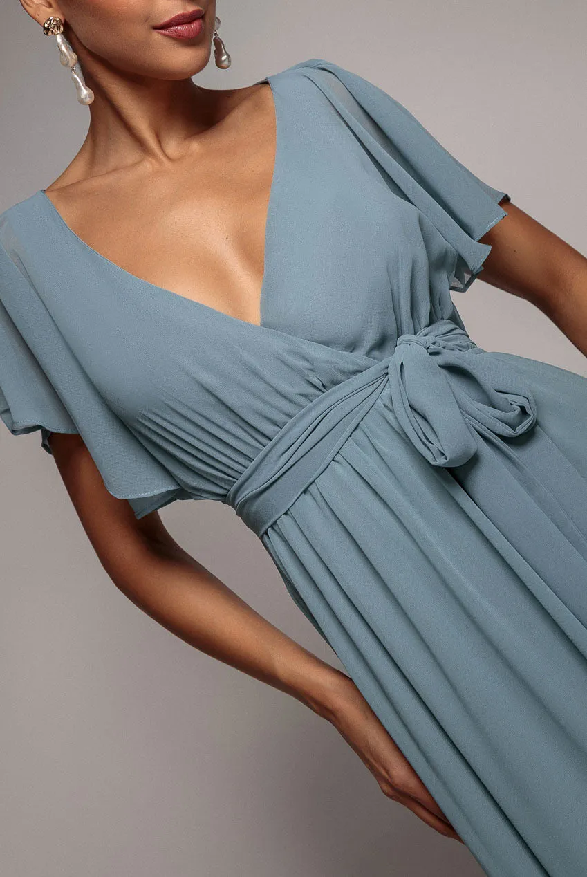 Chiffon Flutter Sleeve Wrap Maxi Dress - Dusty Blue by Goddiva sold by Goddiva product image thumbnail 4