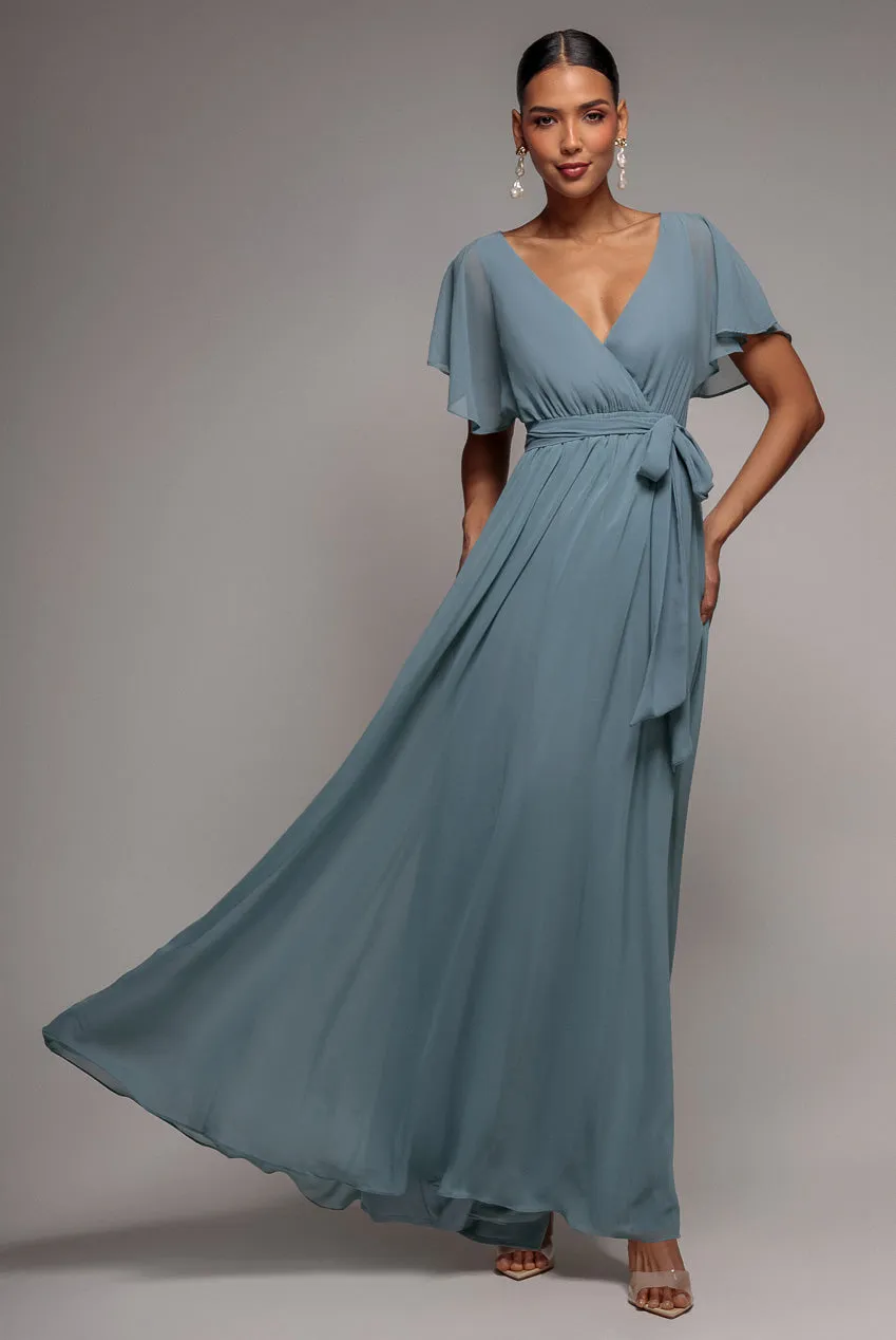 Chiffon Flutter Sleeve Wrap Maxi Dress - Dusty Blue by Goddiva sold by Goddiva