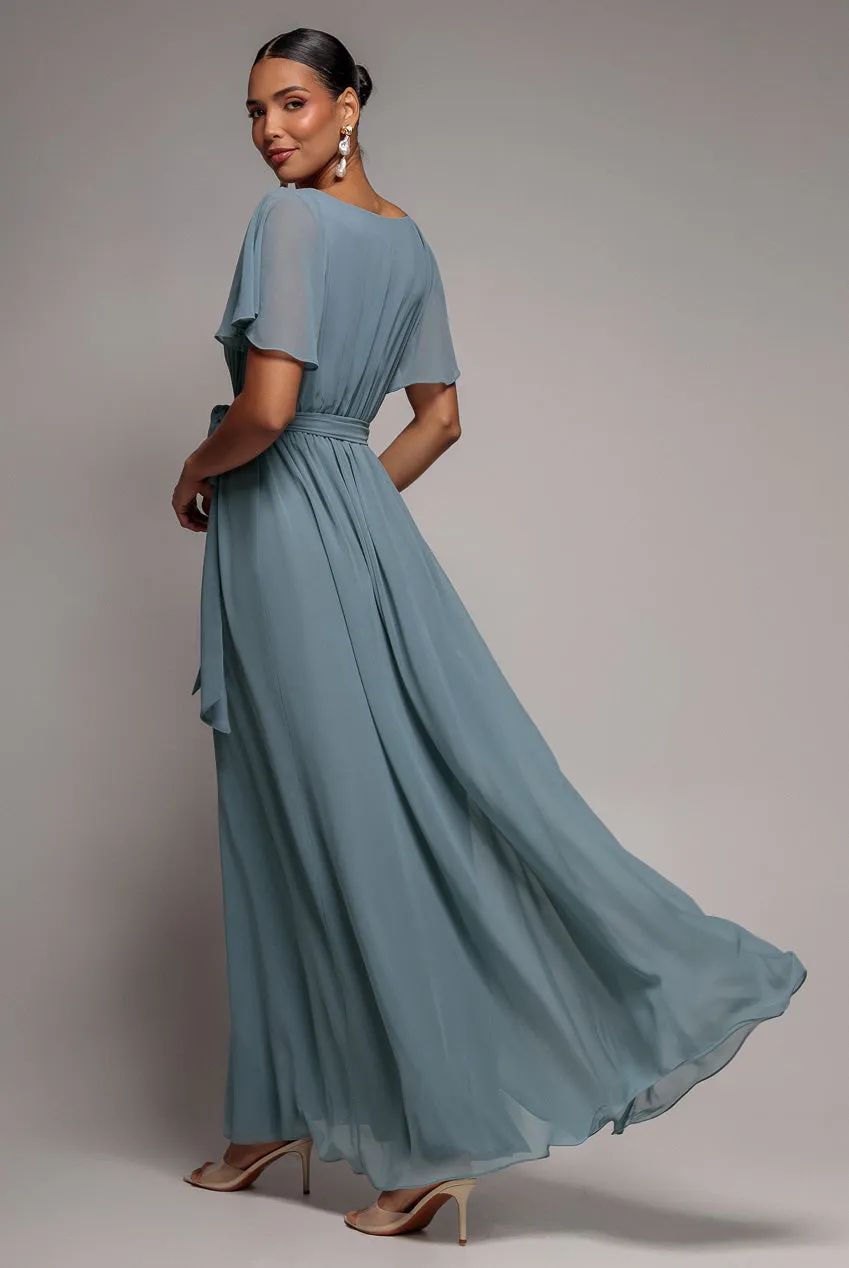 Chiffon Flutter Sleeve Wrap Maxi Dress - Dusty Blue by Goddiva sold by Goddiva product image thumbnail 2