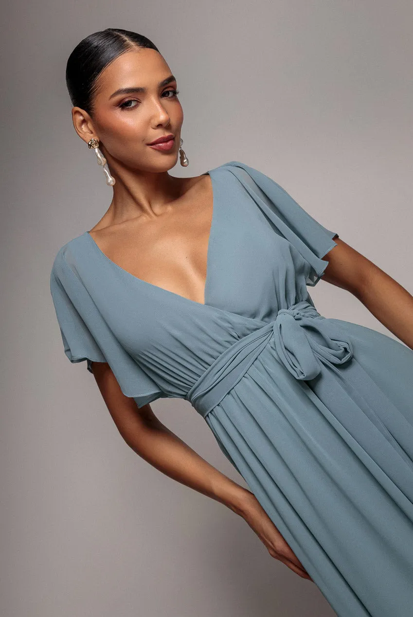 Chiffon Flutter Sleeve Wrap Maxi Dress - Dusty Blue by Goddiva sold by Goddiva product image thumbnail 3