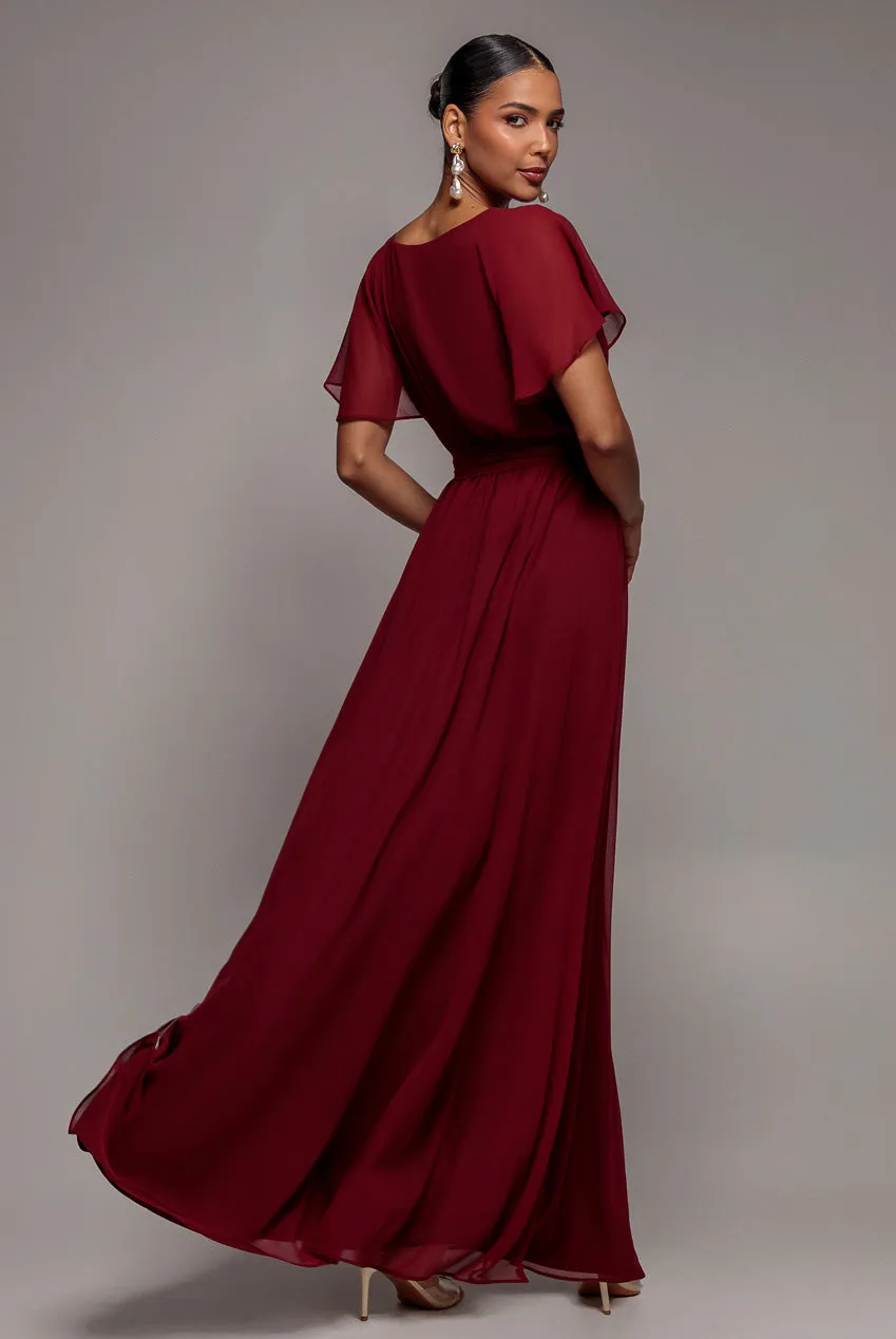Sustainable Chiffon Flutter Sleeve Wrap Maxi Dress - Berry by Goddiva sold by Goddiva product image thumbnail 2