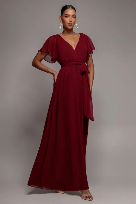 Sustainable Chiffon Flutter Sleeve Wrap Maxi Dress - Berry by Goddiva made by Goddiva