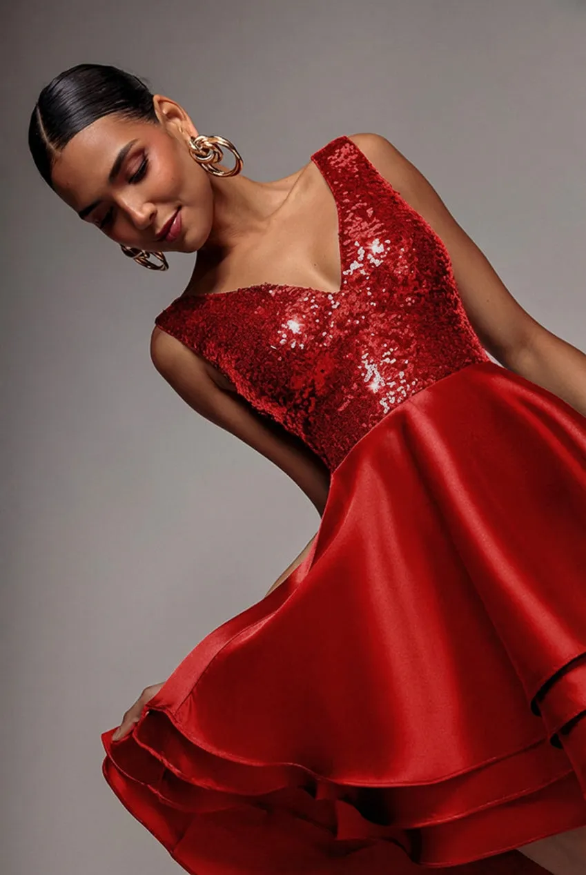 Sequin And Satin Tiered Hi-Low Mini Skater Dress - Red by Goddiva sold by Goddiva product image thumbnail 3