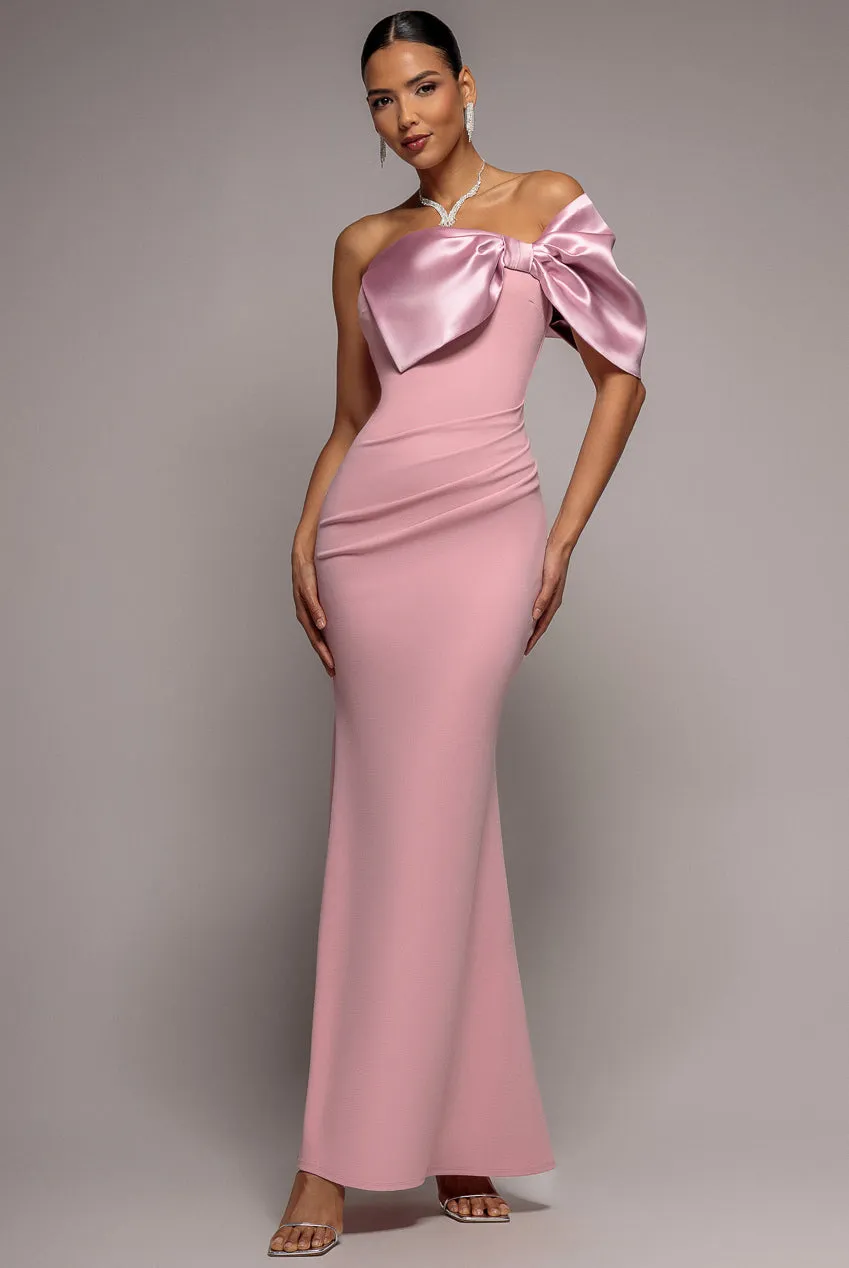 Off The Shoulder Satin Bow Neck Maxi Dress - Blush Pink by Goddiva sold by Goddiva
