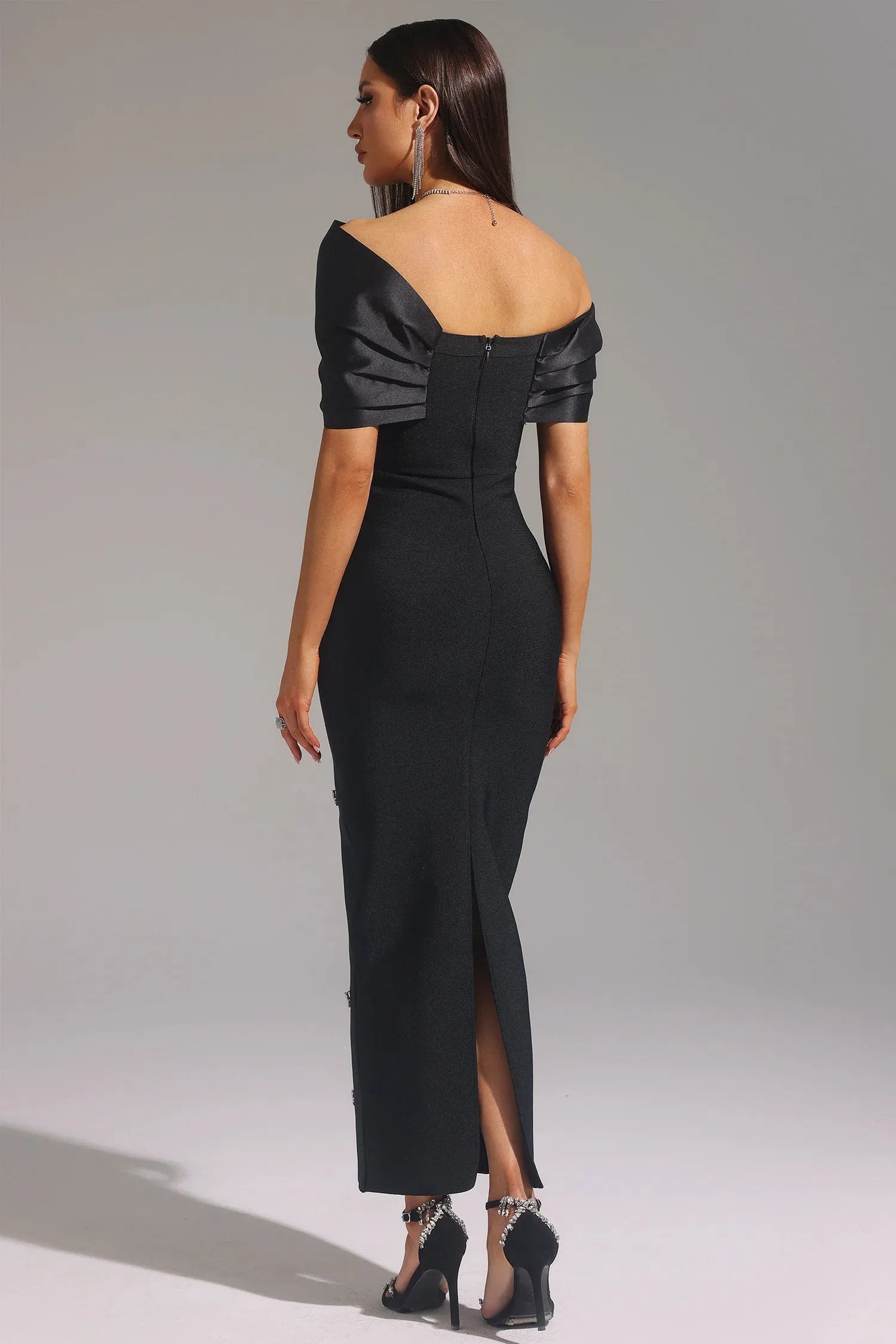 Palez Sleeveless One Shoulder Diamond Bow Bandage Maxi Dress by Bella Barnett sold by Goddiva product image thumbnail 3
