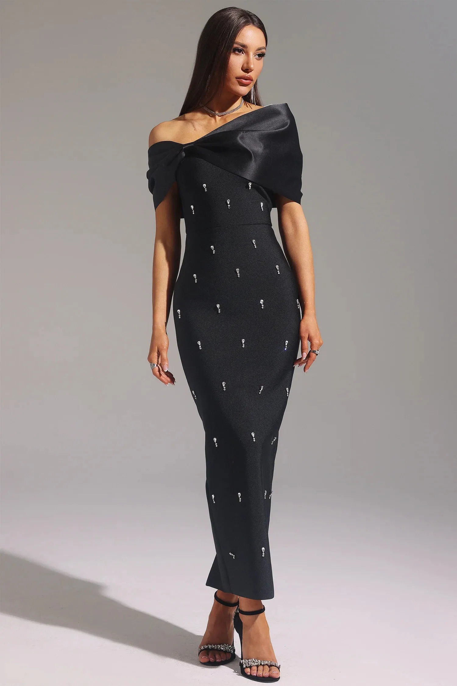 Palez Sleeveless One Shoulder Diamond Bow Bandage Maxi Dress by Bella Barnett sold by Goddiva product image thumbnail 4