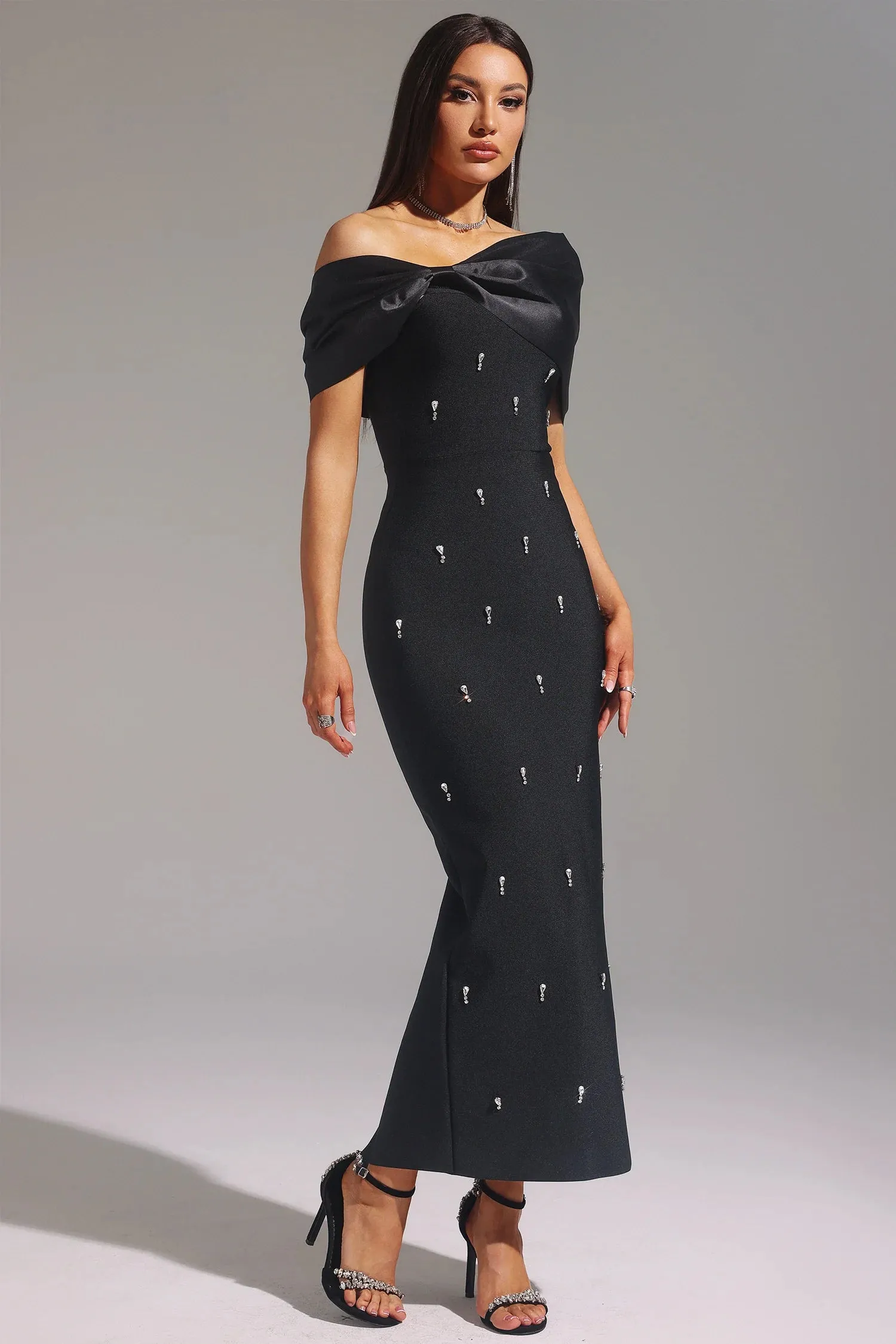 Palez Sleeveless One Shoulder Diamond Bow Bandage Maxi Dress by Bella Barnett sold by Goddiva