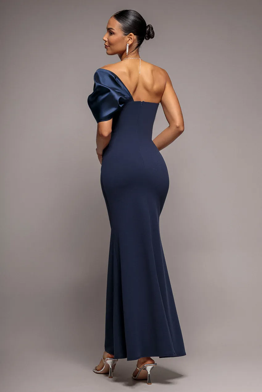 Off The Shoulder Satin Bow Neck Maxi Dress - Navy Blue by Goddiva sold by Goddiva product image thumbnail 2
