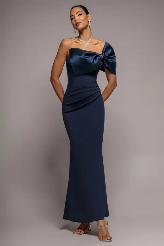 Off The Shoulder Satin Bow Neck Maxi Dress - Navy Blue by Goddiva made by Goddiva