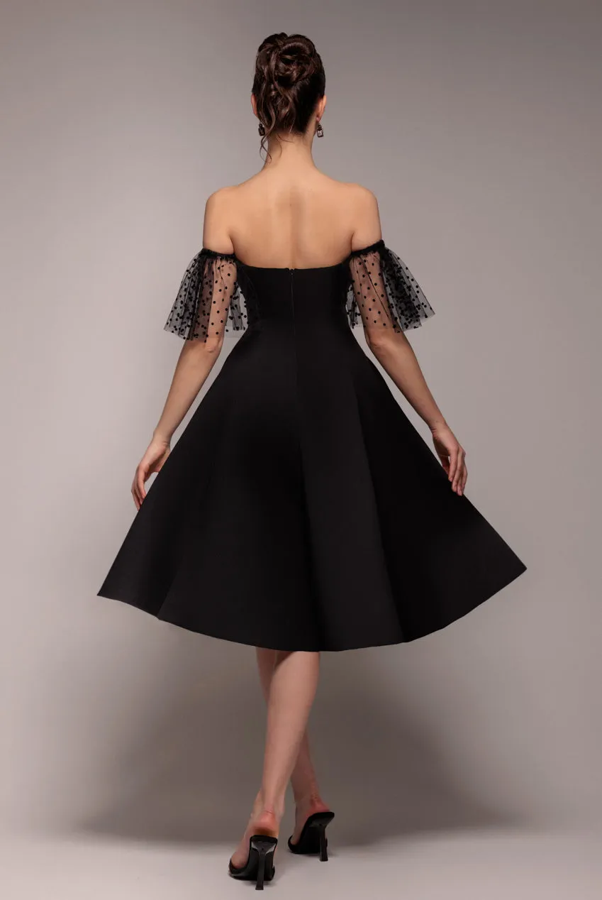 Scuba & Polka Mesh Off The Shoulder Midi Dress - Black by Goddiva sold by Goddiva product image thumbnail 4
