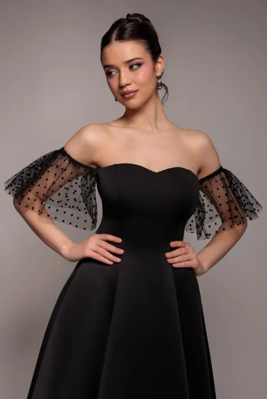Scuba & Polka Mesh Off The Shoulder Midi Dress - Black by Goddiva made by Goddiva