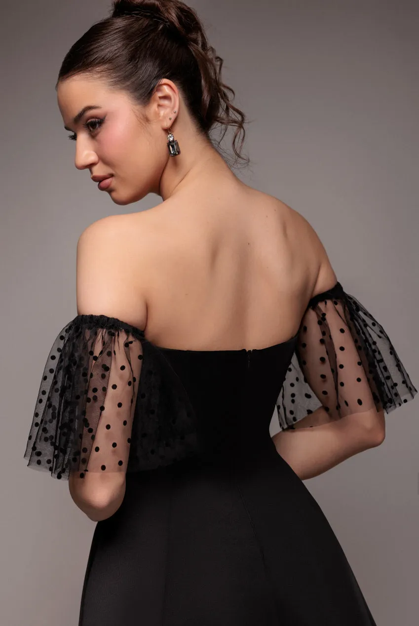 Scuba & Polka Mesh Off The Shoulder Midi Dress - Black by Goddiva sold by Goddiva product image thumbnail 5