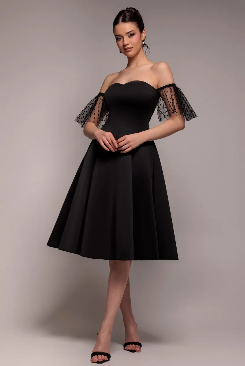 Scuba & Polka Mesh Off The Shoulder Midi Dress - Black by Goddiva sold by Goddiva product image thumbnail 2