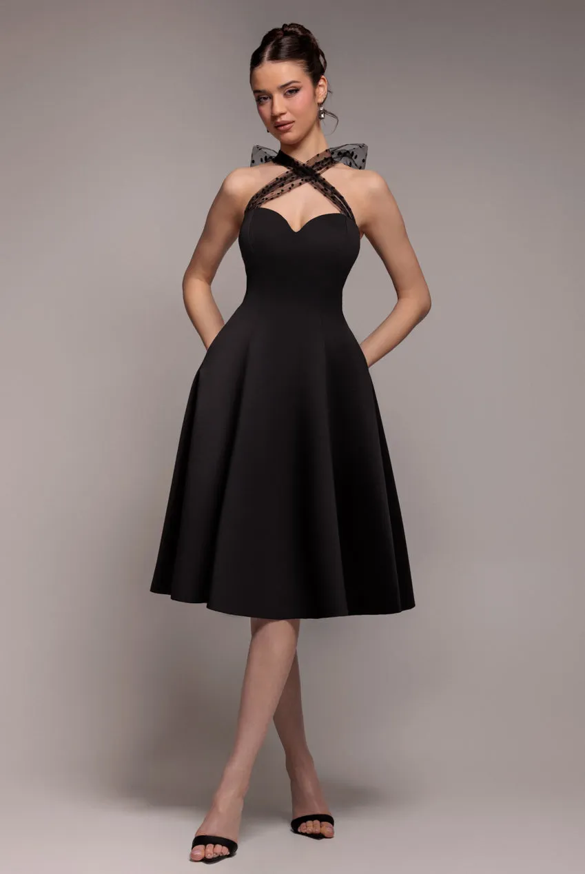 Scuba & Polka Mesh Bella Bow Multiway A-Line Midi Dress - Black by Goddiva sold by Goddiva product image thumbnail 4